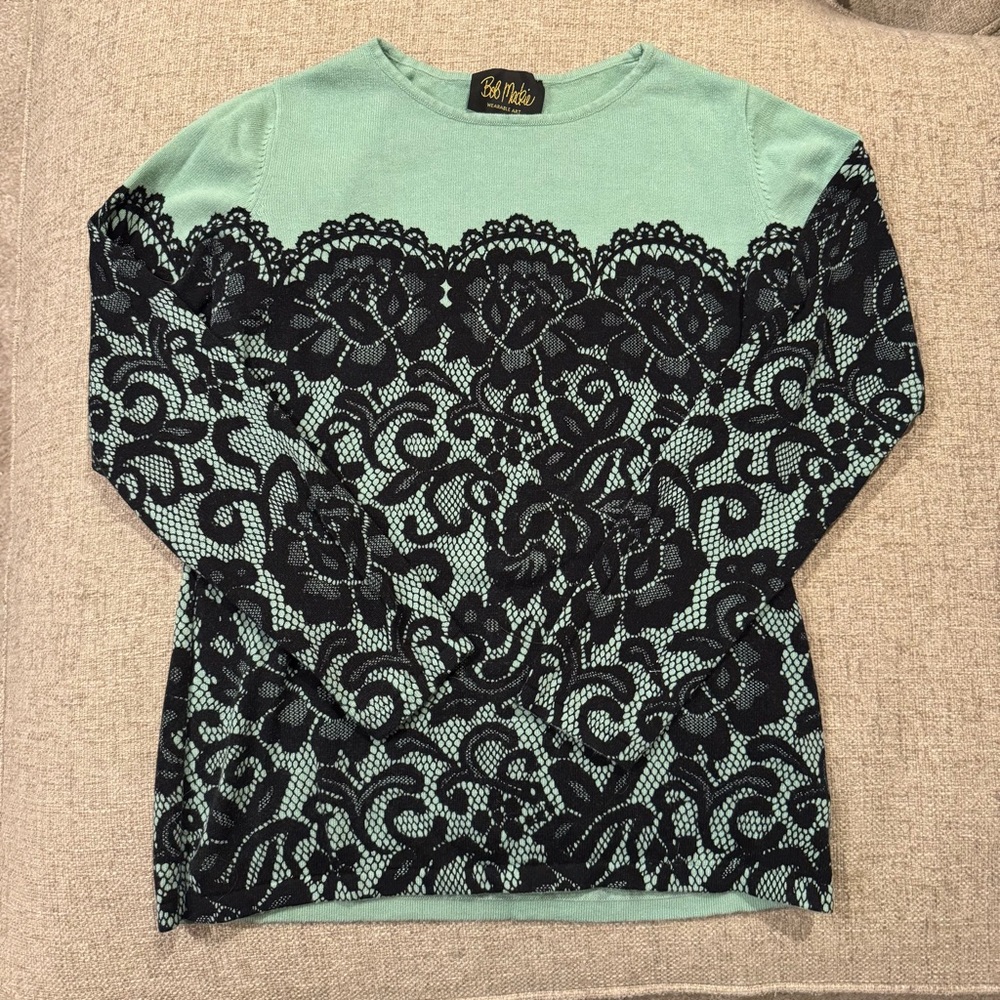 Bob Mackie - Wearable Art - Mint Green Black Lace - Print Sweater - XS-S
